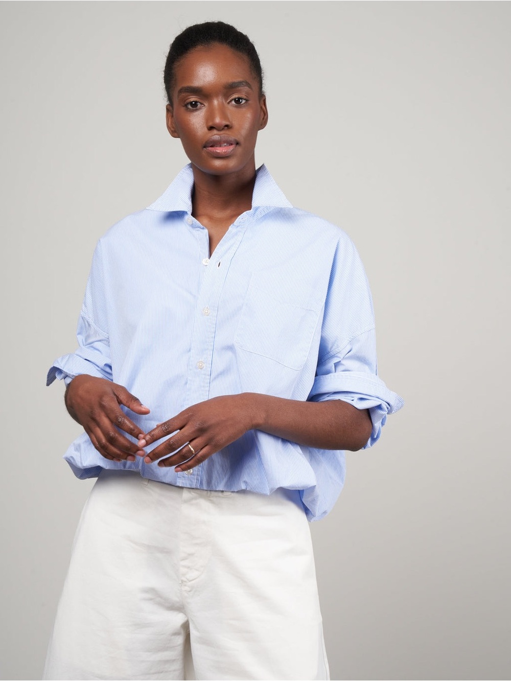 R13 Gathered Hem Shirt Light Blue Pinstripe Medium Long Sleeve Button Front
